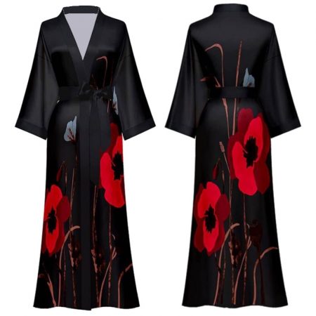 Ladies Kimono Dressing Gown Long Soft Satin Robe Black with Red Poppy details