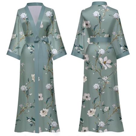 Ladies Kimono Dressing Gown Long Soft Satin Robe Mint Green With White Blossoms Design