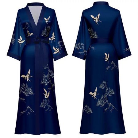 Ladies Kimono Dressing Gown Long Soft Satin Robe Navy Crane Design