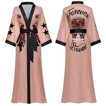 Ladies Kimono Dressing Gown Long Soft Satin Robe Peach with Forever Lovers Details