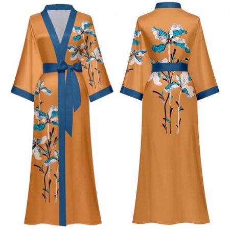 Ladies Kimono Dressing Gown Long Soft Satin Robe Orange