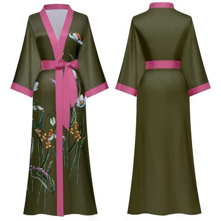 Ladies Kimono Dressing Gown Long Soft Satin Robe with Flower detail