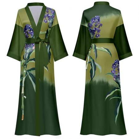 Ladies Kimono Dressing Gown Long Soft Satin Robe with lavender flower detail -Green